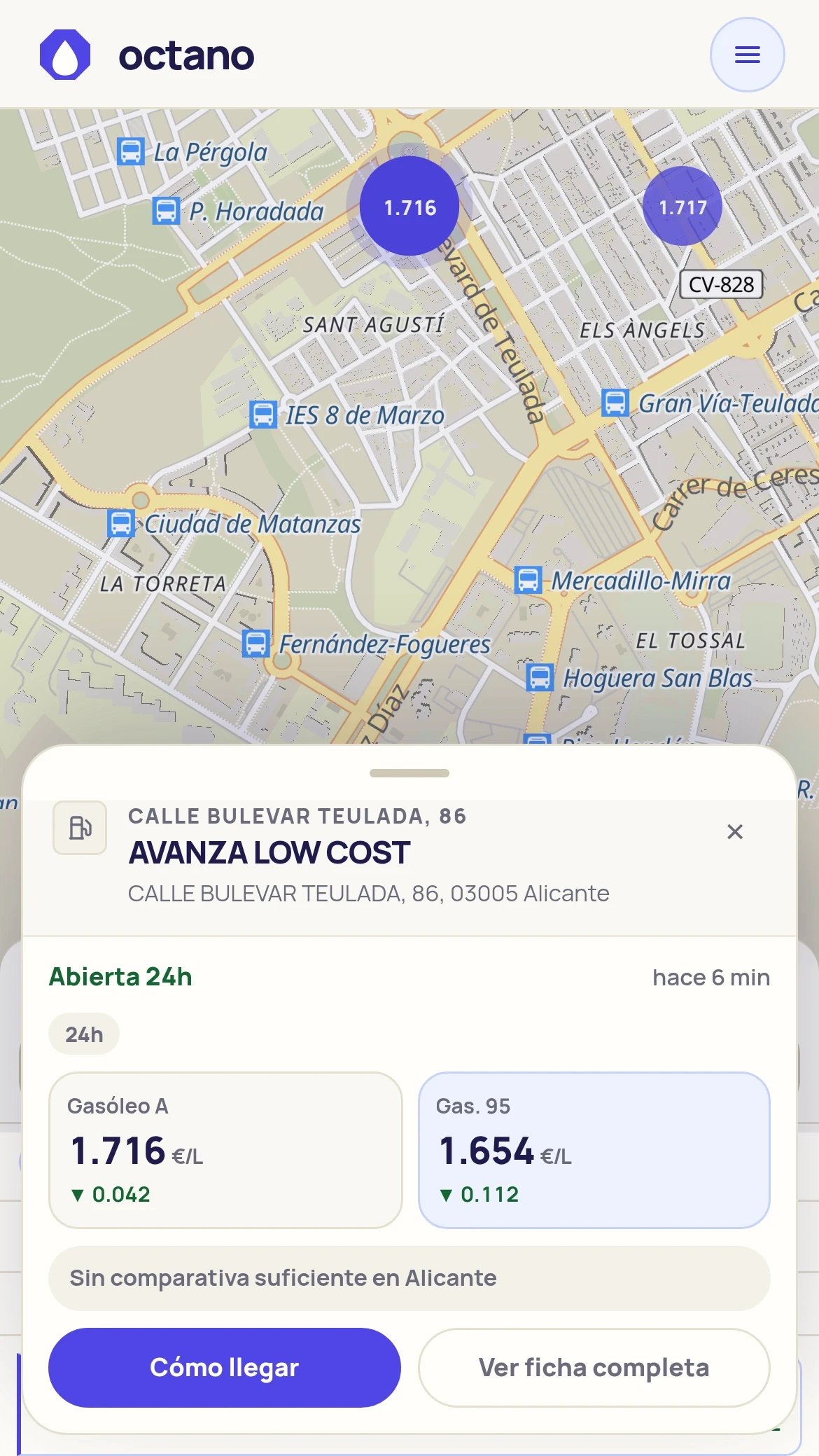 Octano en el móvil, mostrando la ficha de una gasolinera con el precio y el botón de cómo llegar